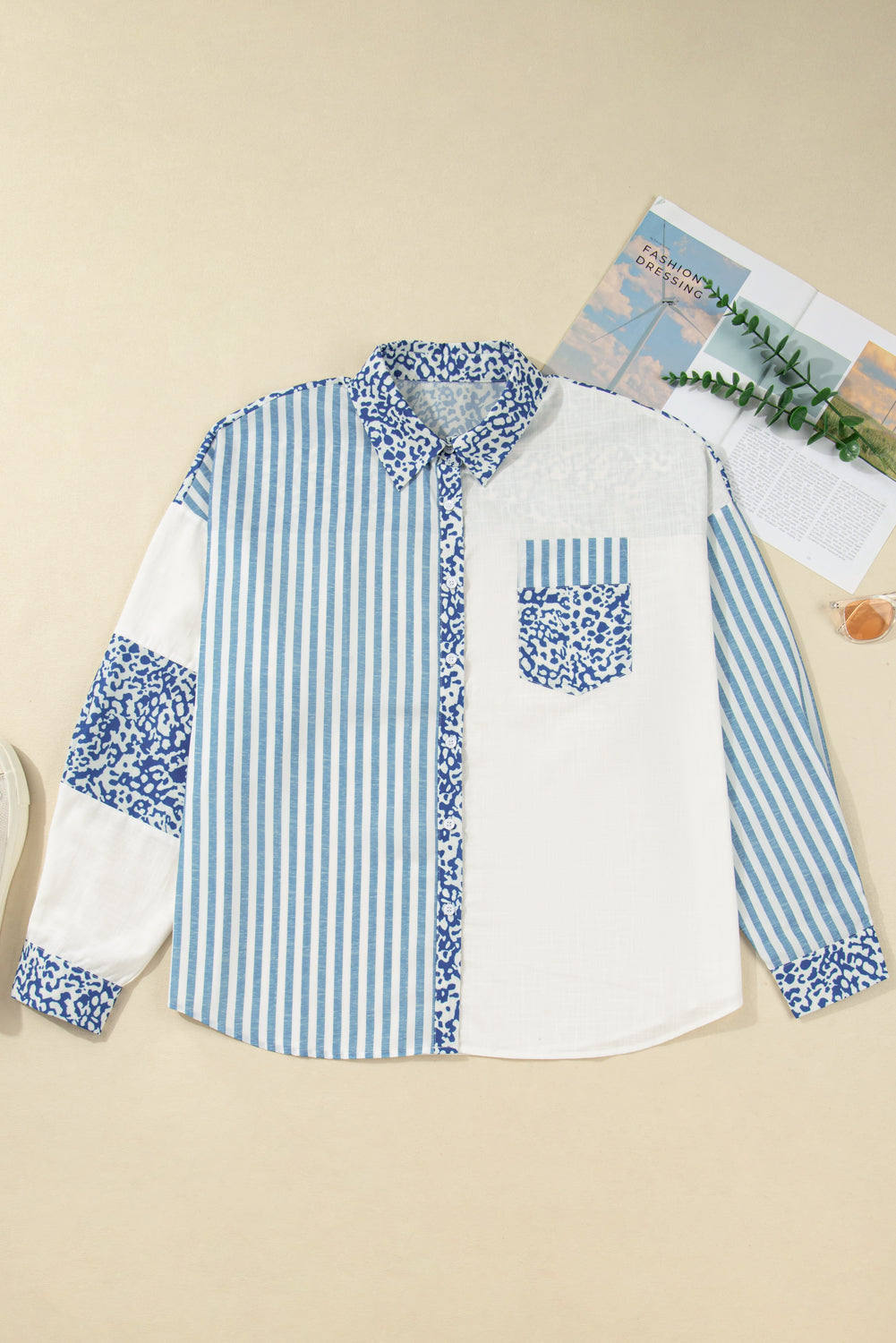 Leopard Striped Patchwork Casual Plus Shirt