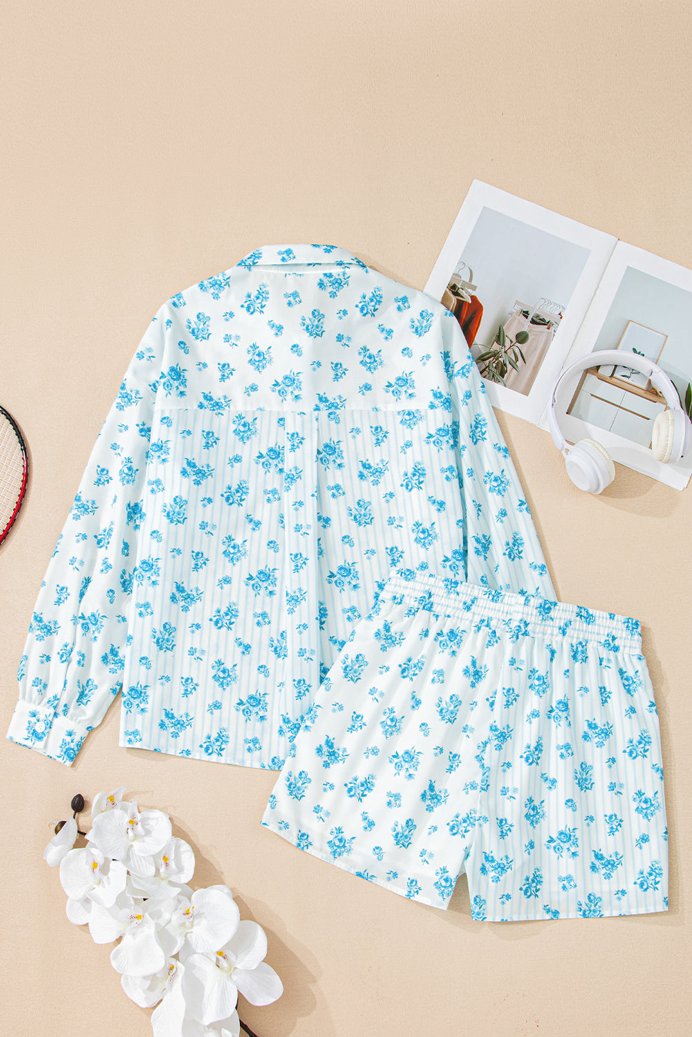 Floral Striped Print Contrast Patched Pocket Shirt and Shorts Set