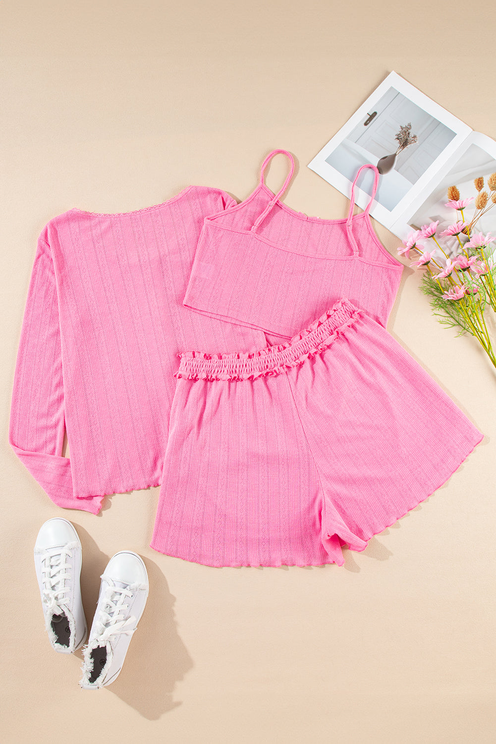 3 Pcs Crop Tank Top Shorts with Cardigan Lounge Set
