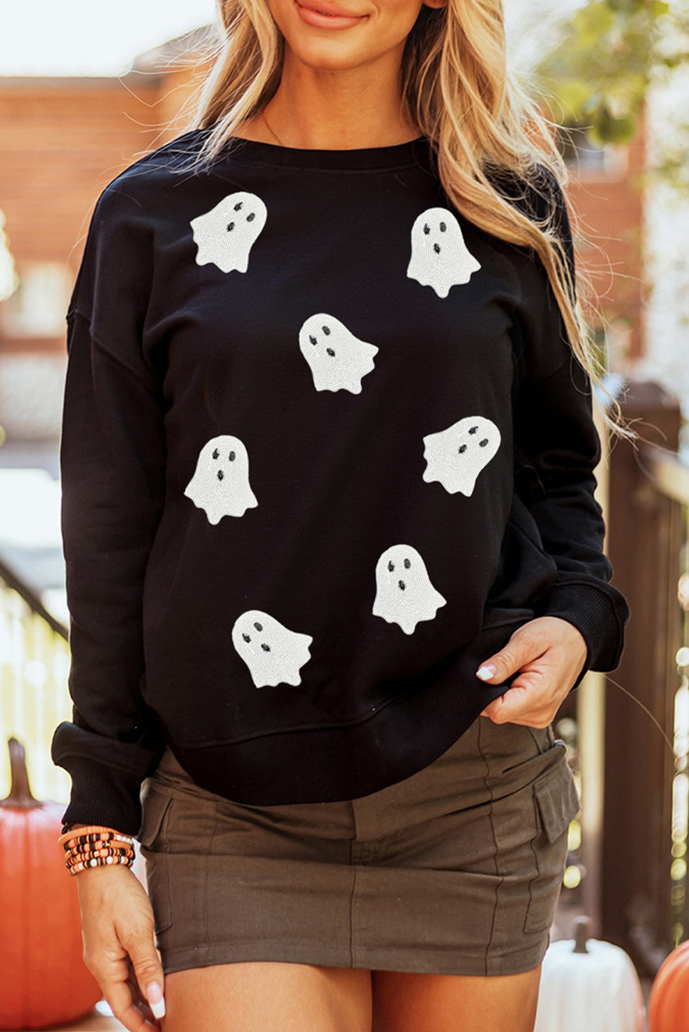 Sequin Halloween Ghost Patched Drop Shoulder Sweatshirt