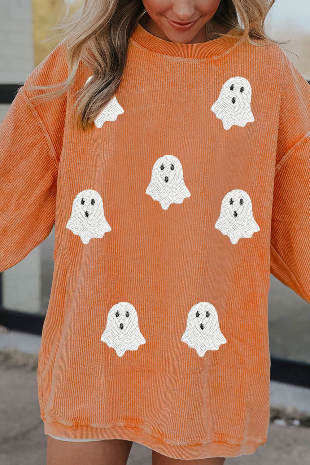 Twisted Ribbed Texture Halloween Ghost Sequin Patched Sweatshirt