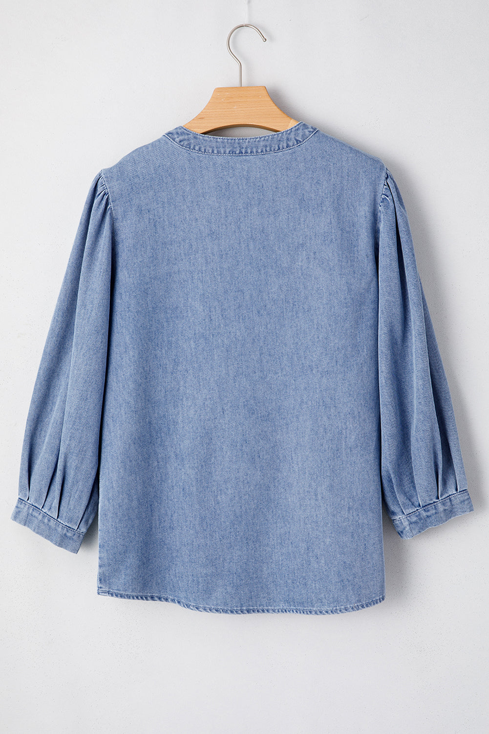 Denim Front Pintuck Bow Tie Puff Sleeve Top