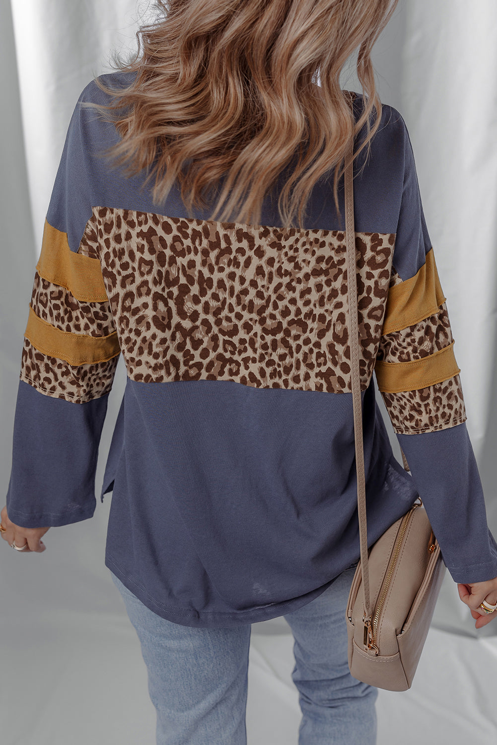 Leopard Colorblock Patchwork Long Sleeve Drop Shoulder Top