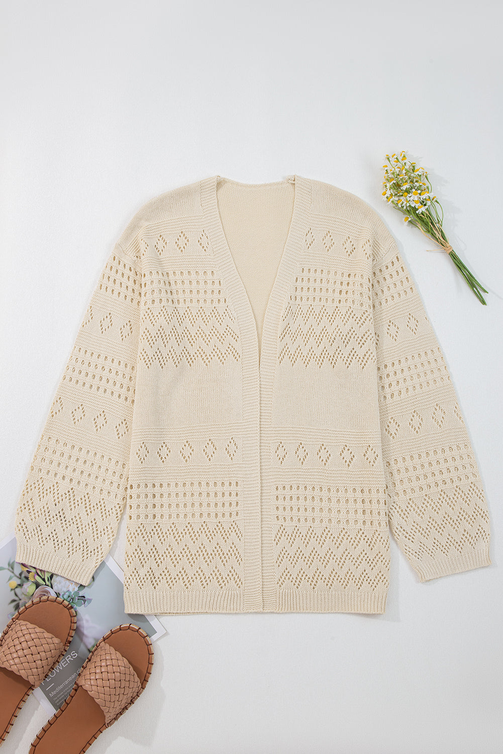 Solid Color Hollowed Knit Open Front Cardigan Sweater