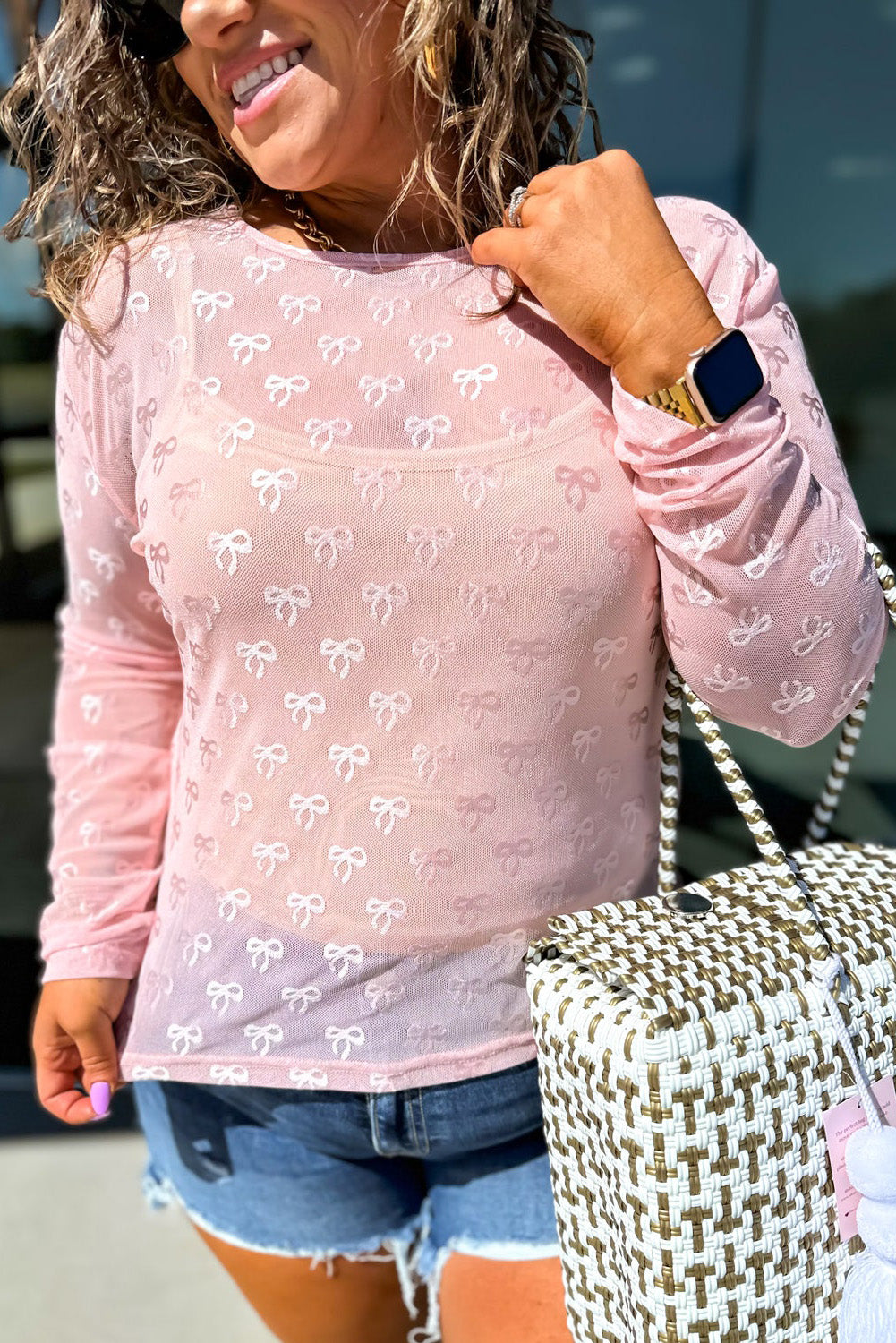 Plus Size Bow Embroidered Mesh Long Sleeve Top