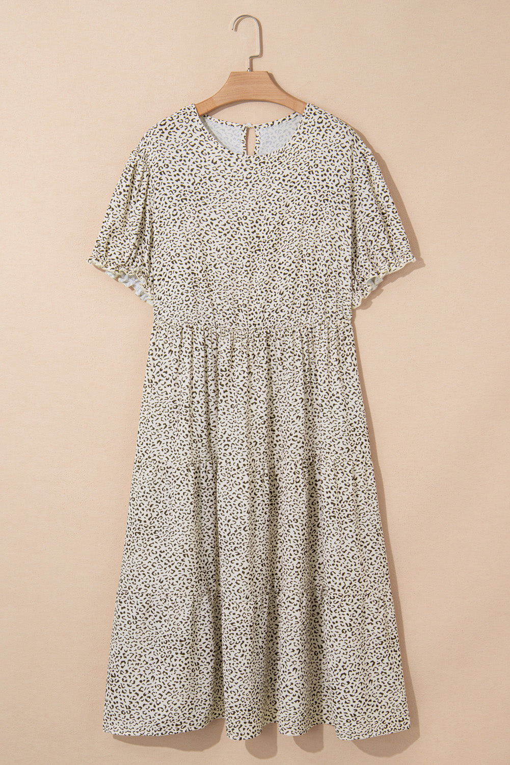 Plus Size Leopard Print Frill Trim Short Sleeve Flared Dress