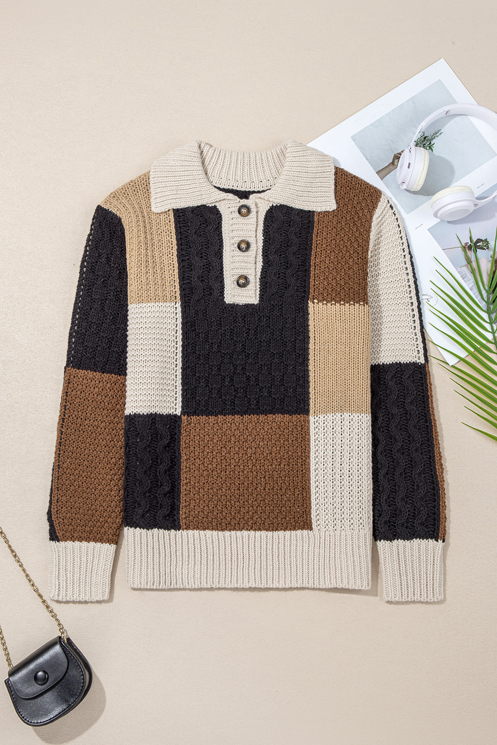 Knit Sleeve Buttons Collared Sweater