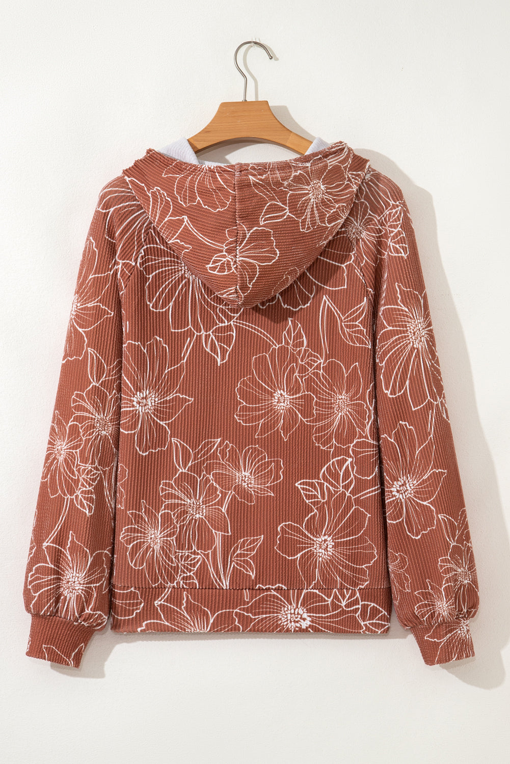 Floral Twisted Rib Drawstring Kangaroo Pocket Hoodie