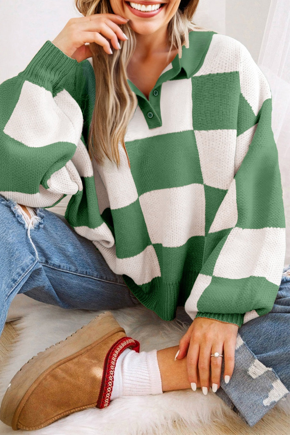 Checkered Pattern Polo Collar Loose Sweater