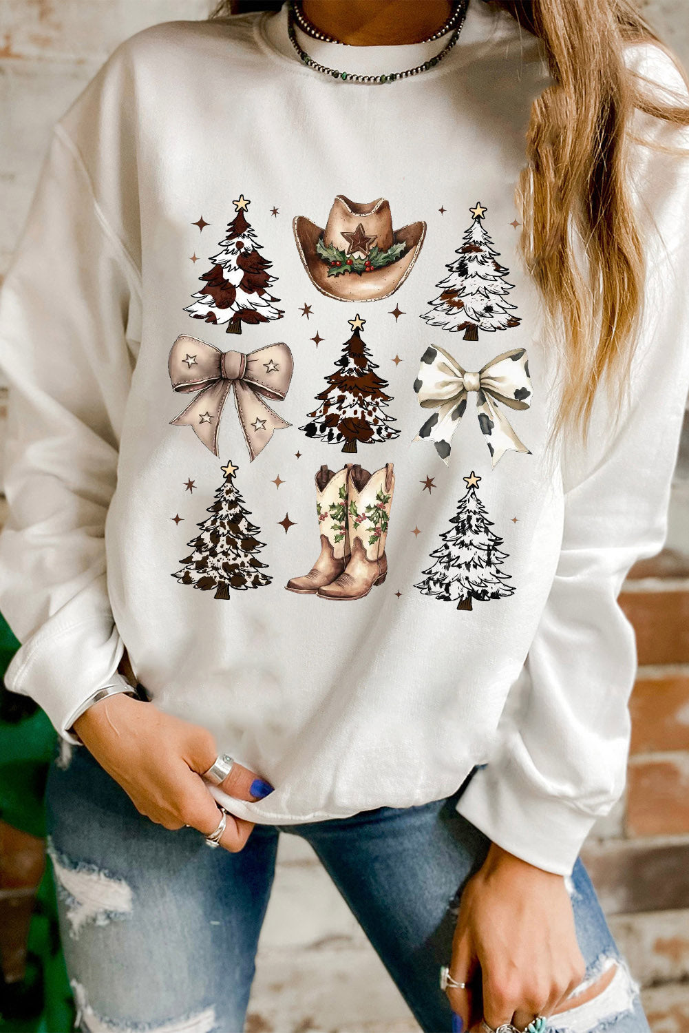 Cowgirl Bow Christmas Tree Print Drop Shoulder Sweatshirt