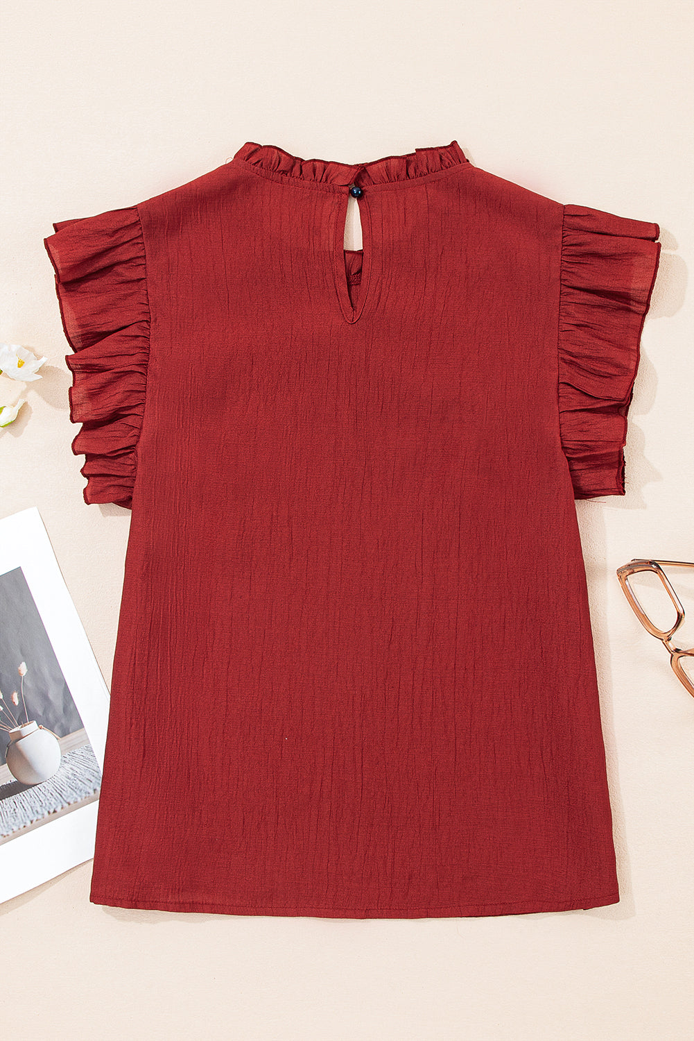 Solid Color Pleated Detail Ruffle Short Sleeve Blouse