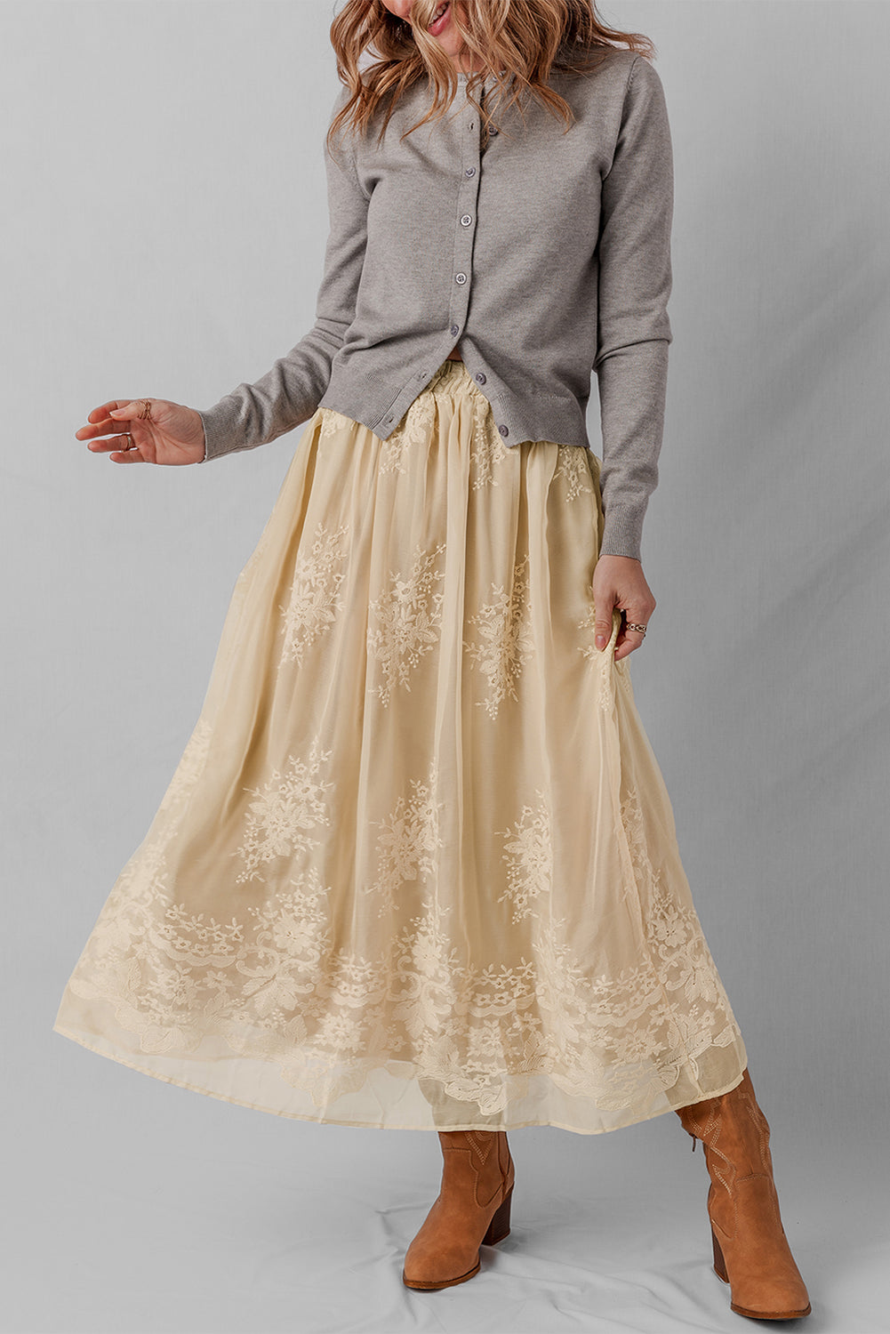 Embroidered Mesh Overlay Flowy Long Skirt