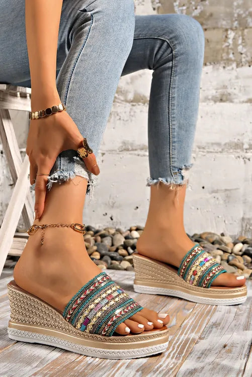 Woven Band PU Leather Wedge Slippers