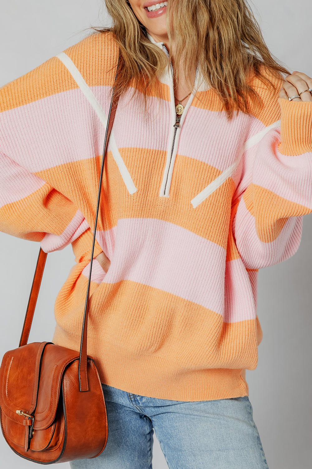 Colorblock Half Zip Oversize Sweater