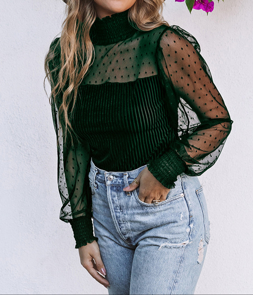 Sheer Dotty Long Sleeve Ribbed Velvet Bodysuit