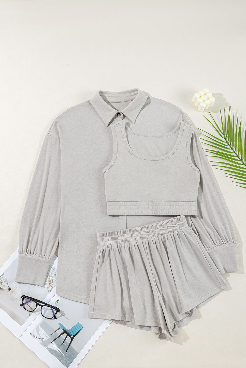 3 Pcs Crop Tank Top Shorts with Cardigan Lounge Set