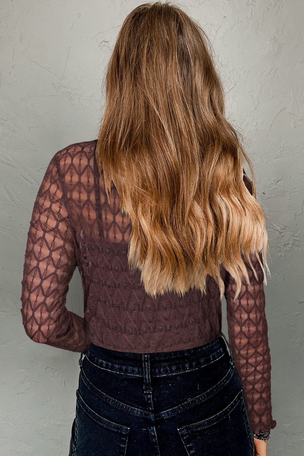 Sheer Mesh Patterned Lettuce Trim Slim Long Sleeve Top
