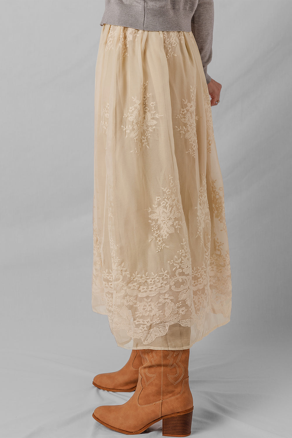 Embroidered Mesh Overlay Flowy Long Skirt
