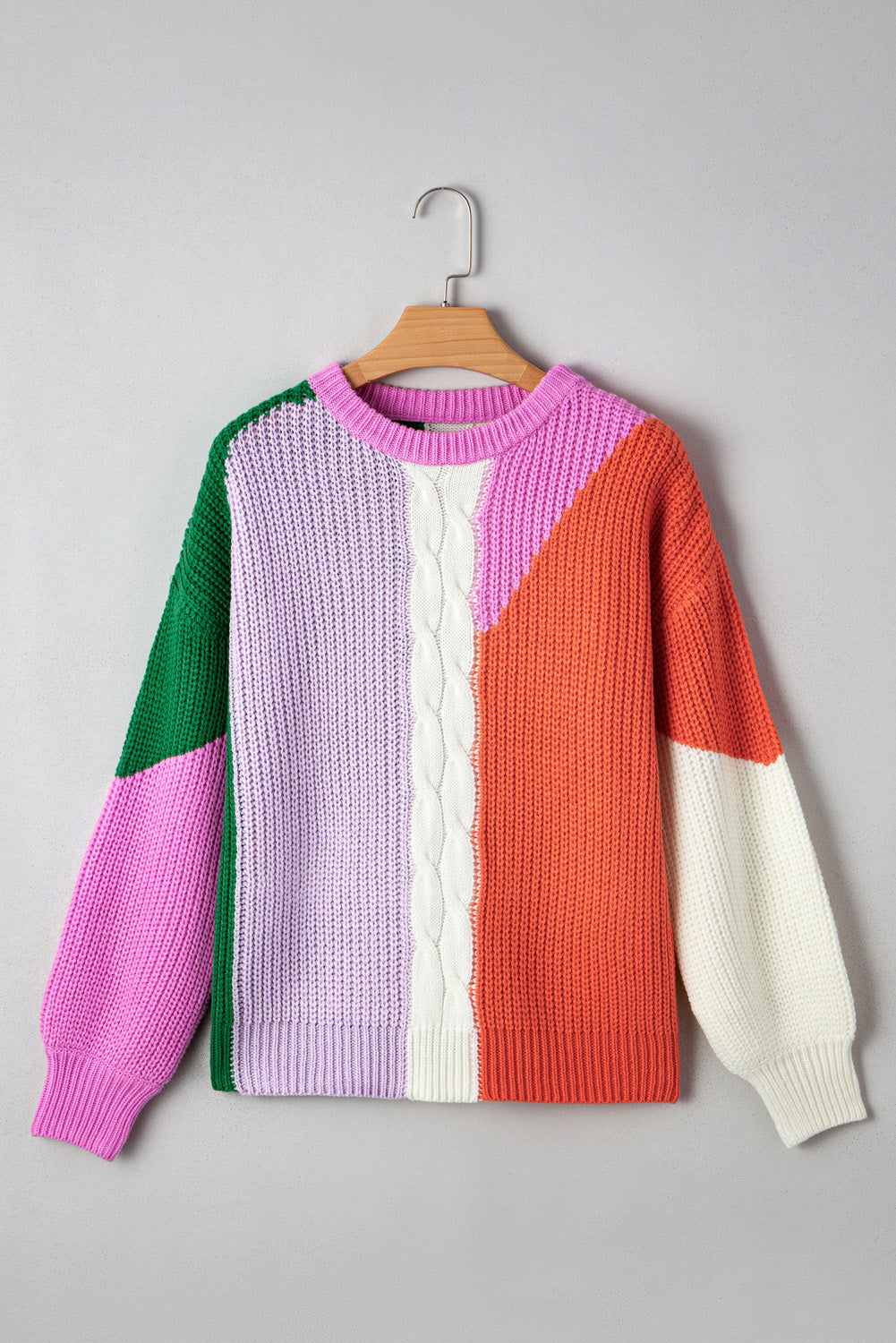 Color Block Textured Knit Drop Shoulder Loose Fit Sweater