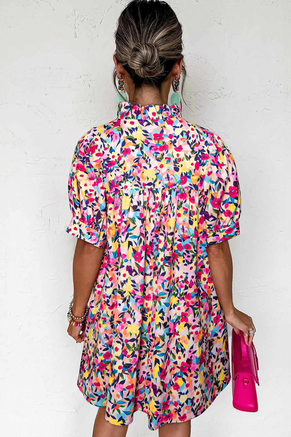 Floral Puff Short Sleeve V Neck Mini Dress