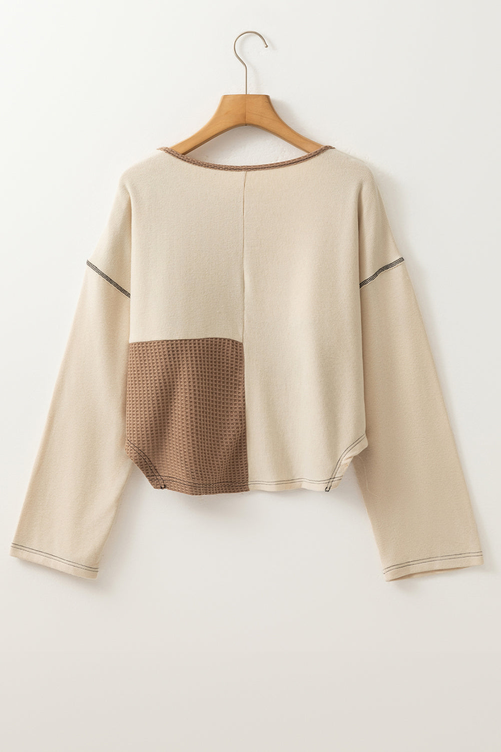 Color Block Waffle Knit Stitch Detail Long Sleeve Top