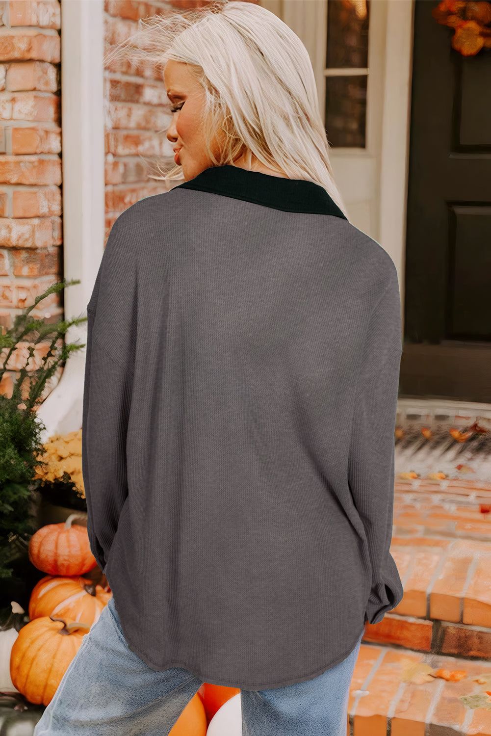 Waffle Knit Vintage Patchwork Button Up Loose Shirt