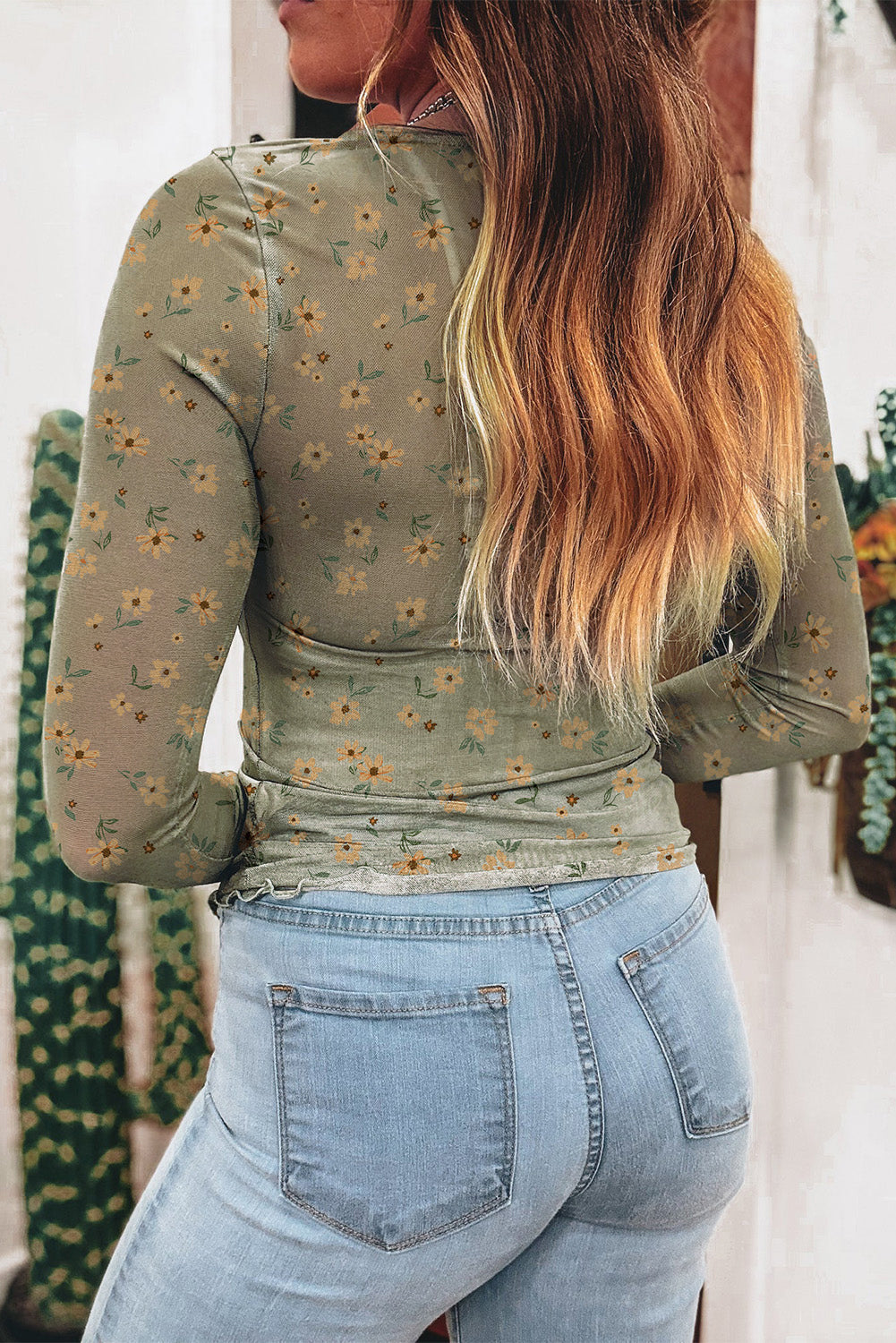 Vintage Floral Print Southern Style Mesh Long Sleeve Top