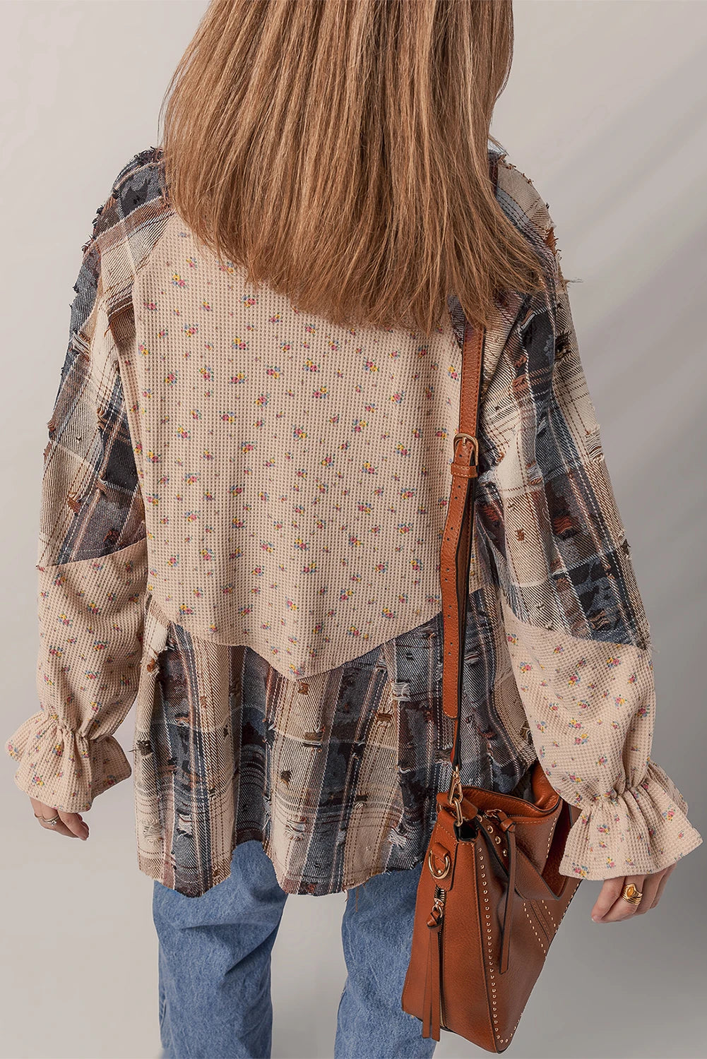 Patchwork Distressed Detail Ruffled Sleeve Waffle Knit Shacket