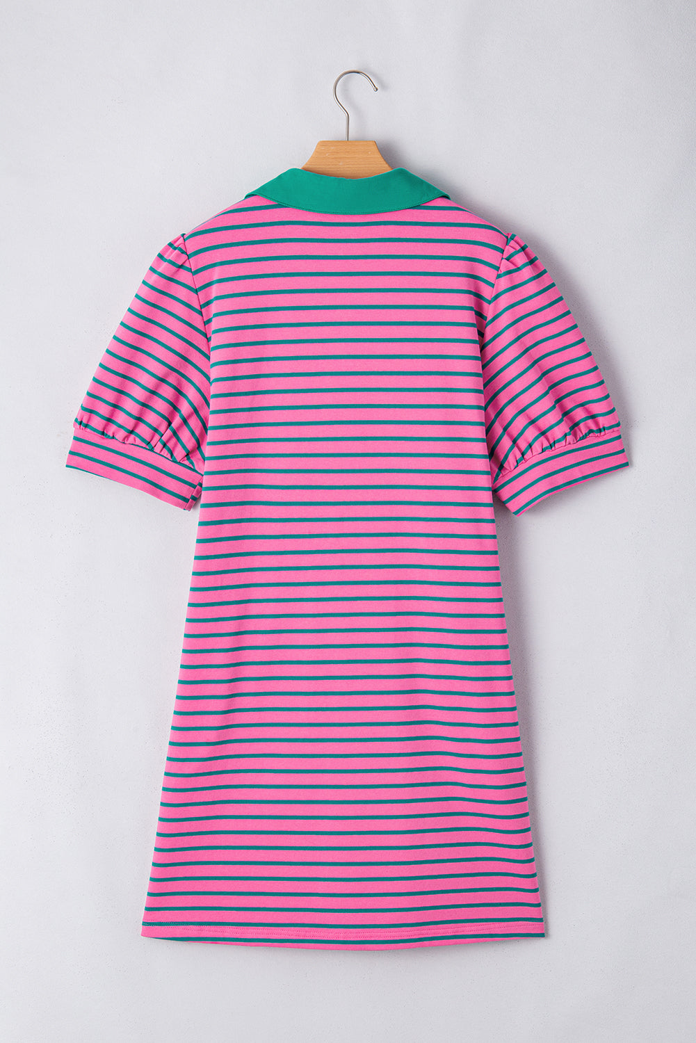 Collared V Neck Puff Sleeve Shift T Shirt Dress with Pockets