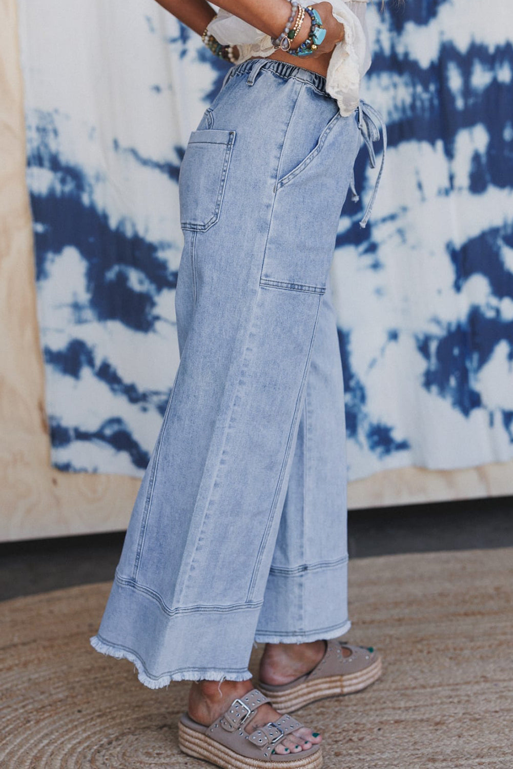 Drawstring Seam Detail Raw Hem Wide Leg Denim Pants