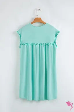 Frilled Trim Crew Neck Loose Fit Mini Dress