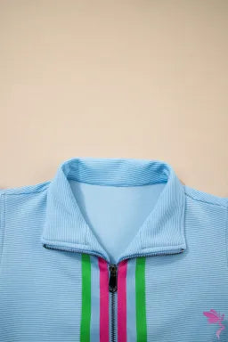 Striped Detail Flutter Sleeve Zipped Collar Short Set
