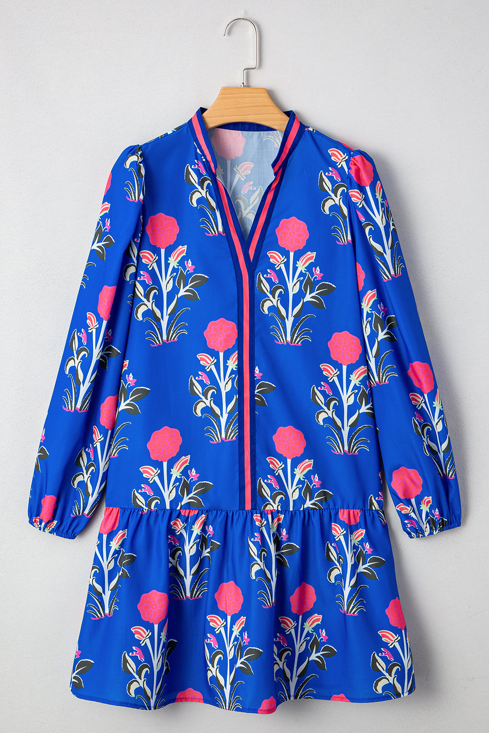 Floral Print Contrast Striped Trim Notched Neck Long Sleeve Dress