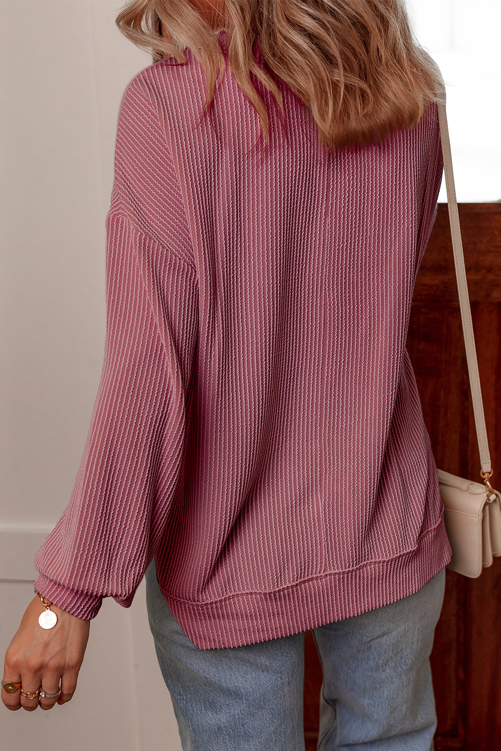 Twisted Rib V Neck Drop Shoulder Loose Sleeve Oversize Top