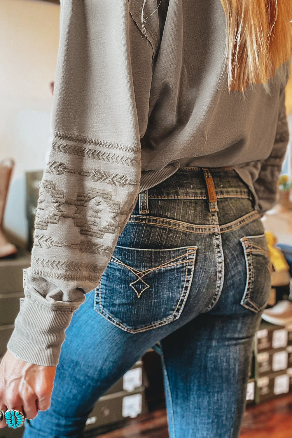 Aztec Embroidered Western V Neck Sweatshi