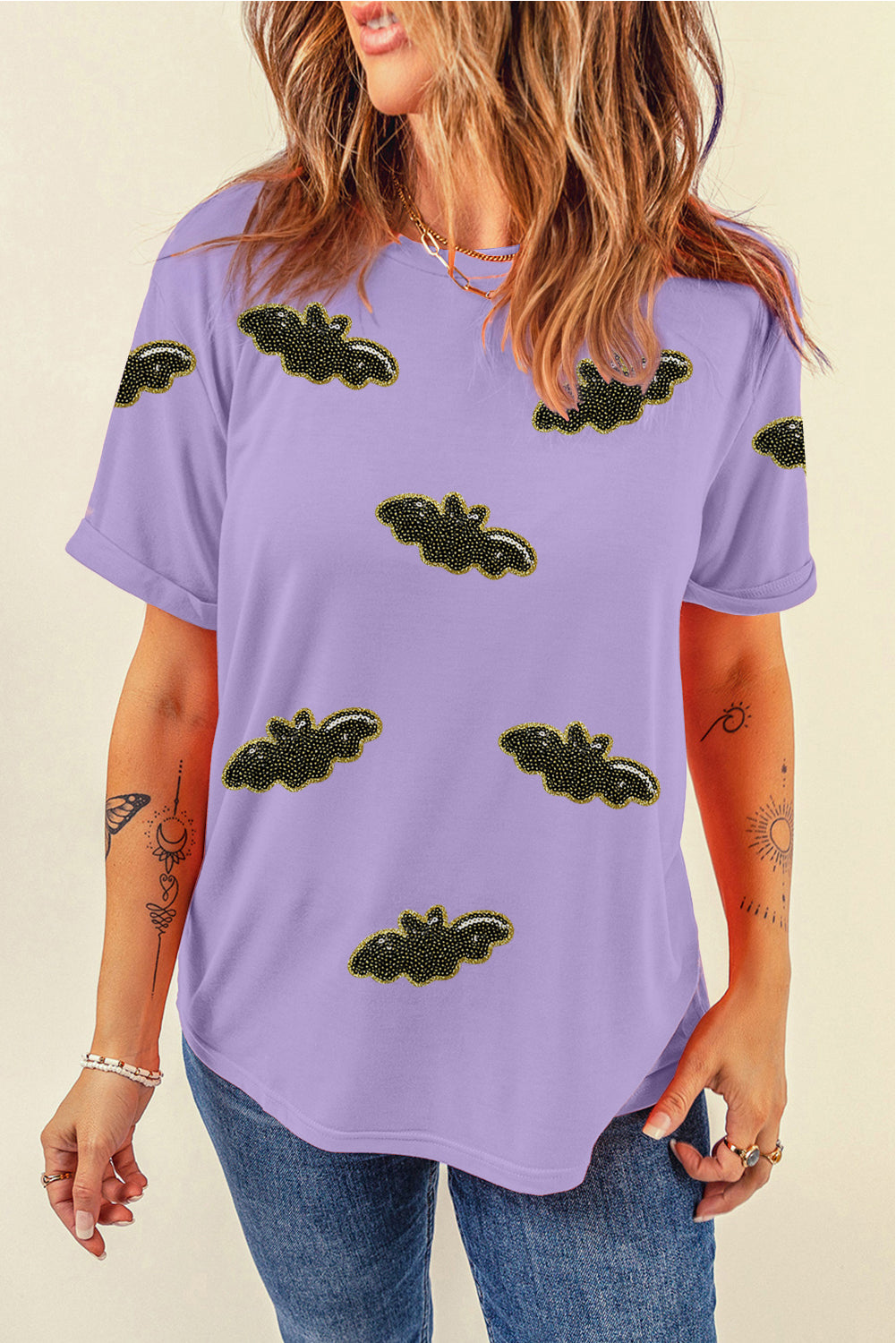 Sequin Halloween Bat Patched Casual T Shirt