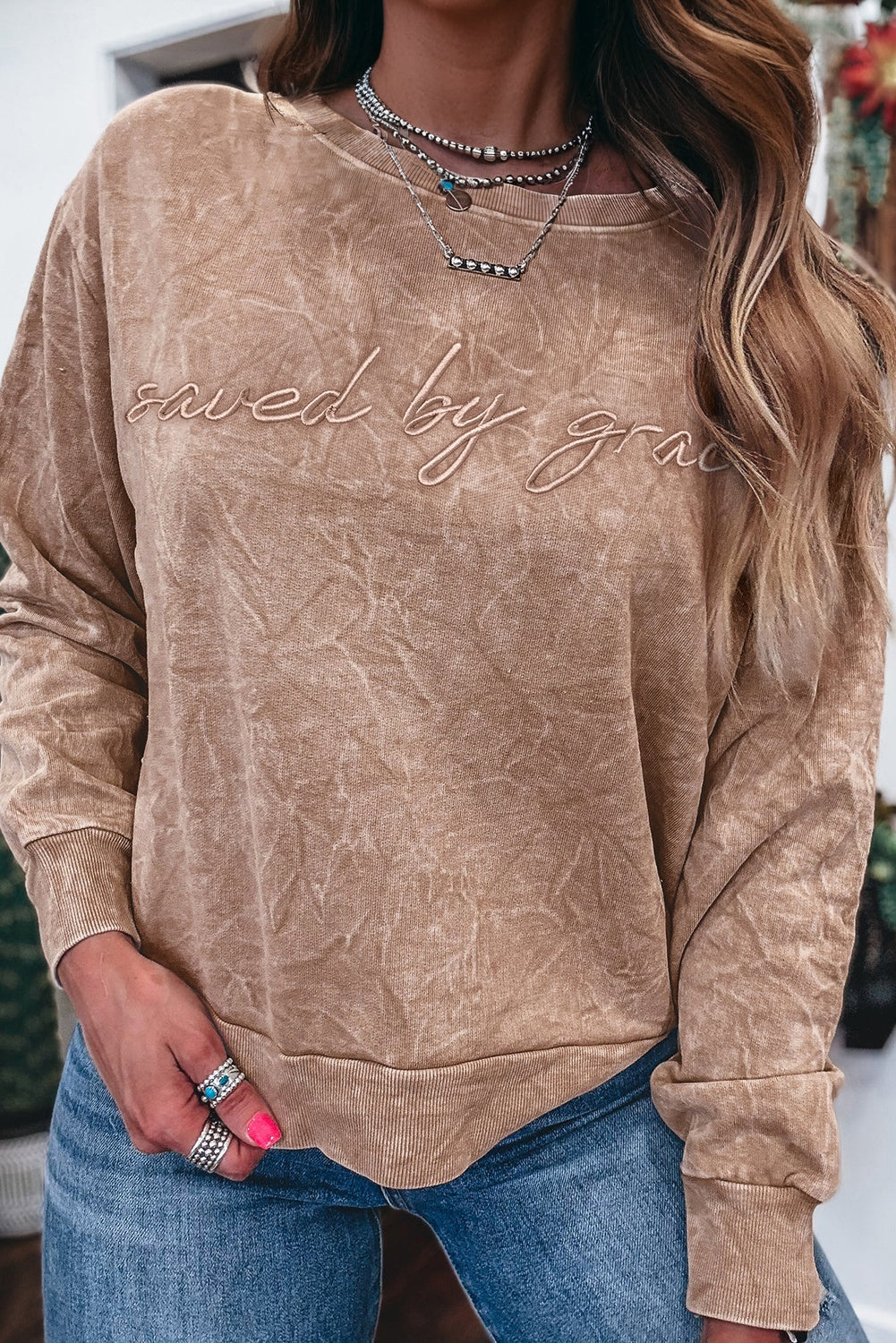 Letter Embroidery Mineral Wash Loose Sweatshirt