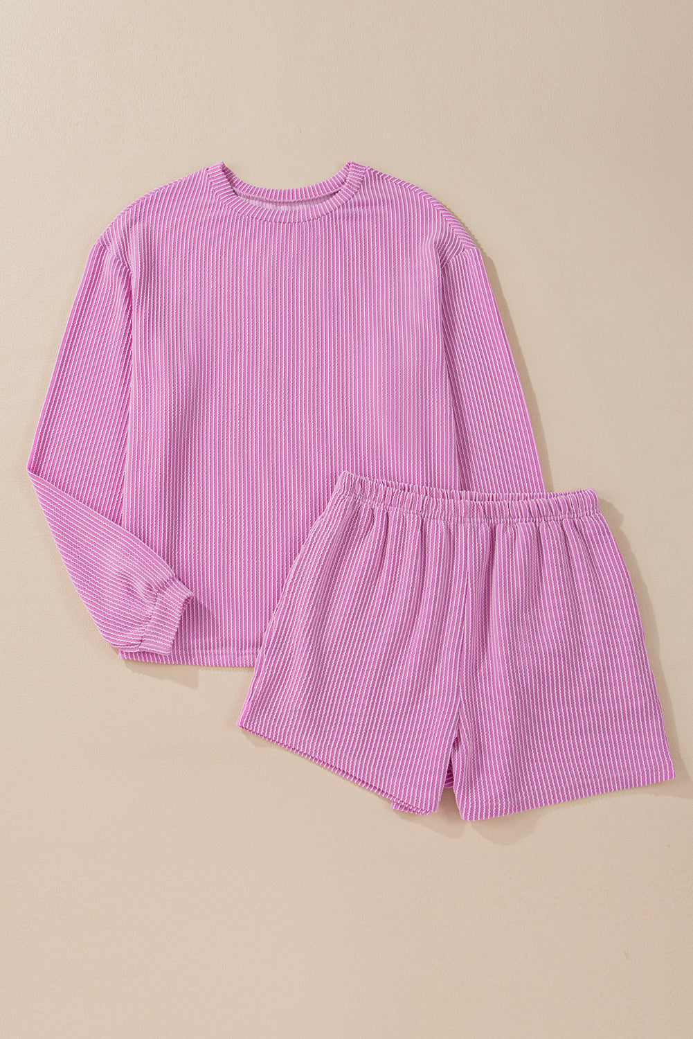 Corded Knit Long Sleeve Top and High Waist Shorts Set