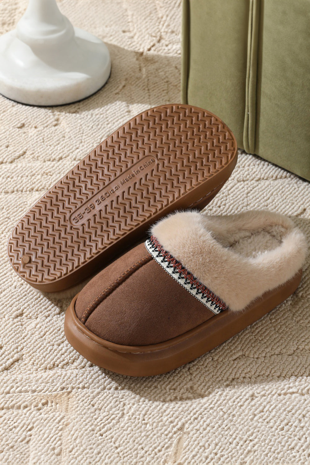 Western Woven Detail Faux Suede Furry Home Slippers