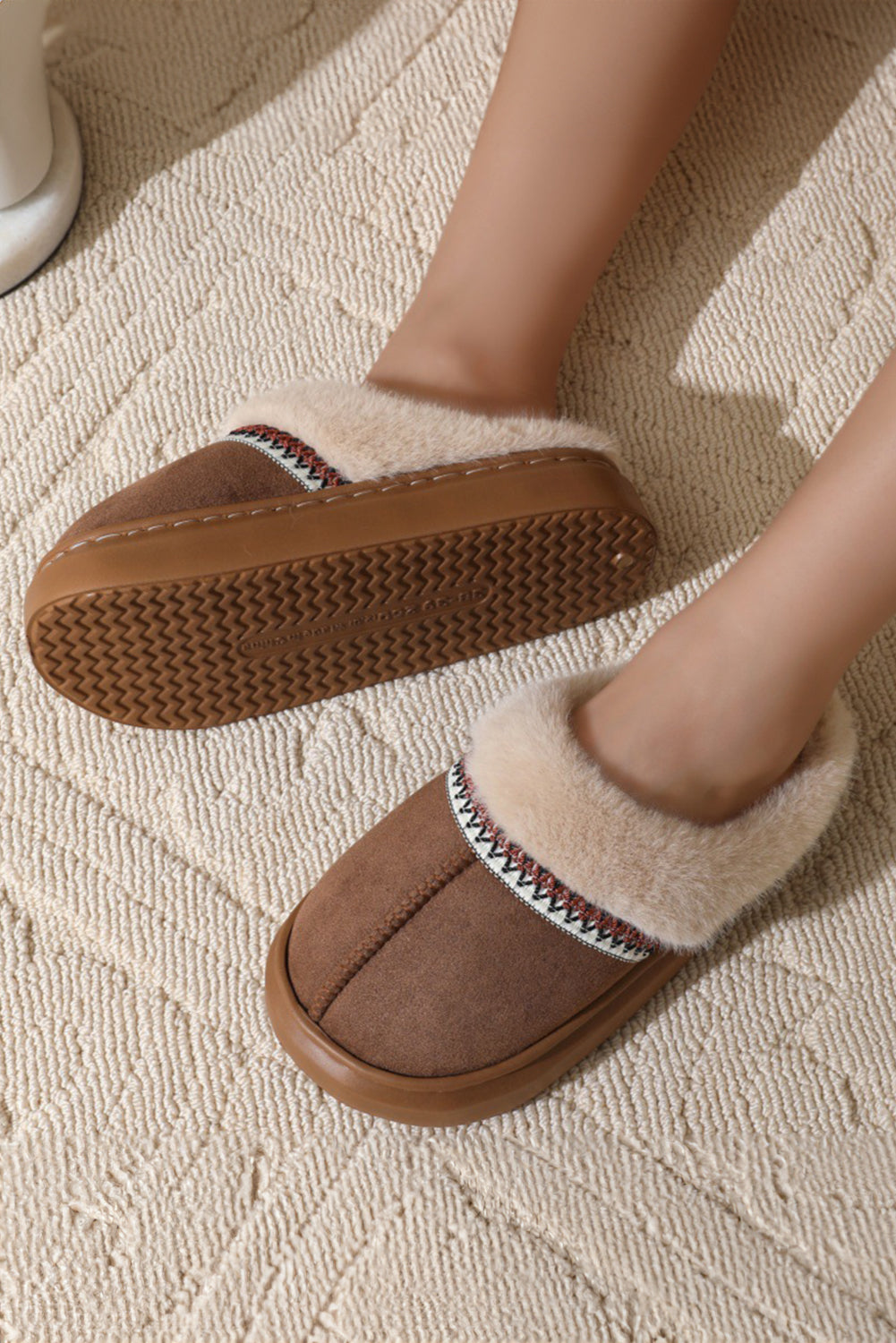 Western Woven Detail Faux Suede Furry Home Slippers