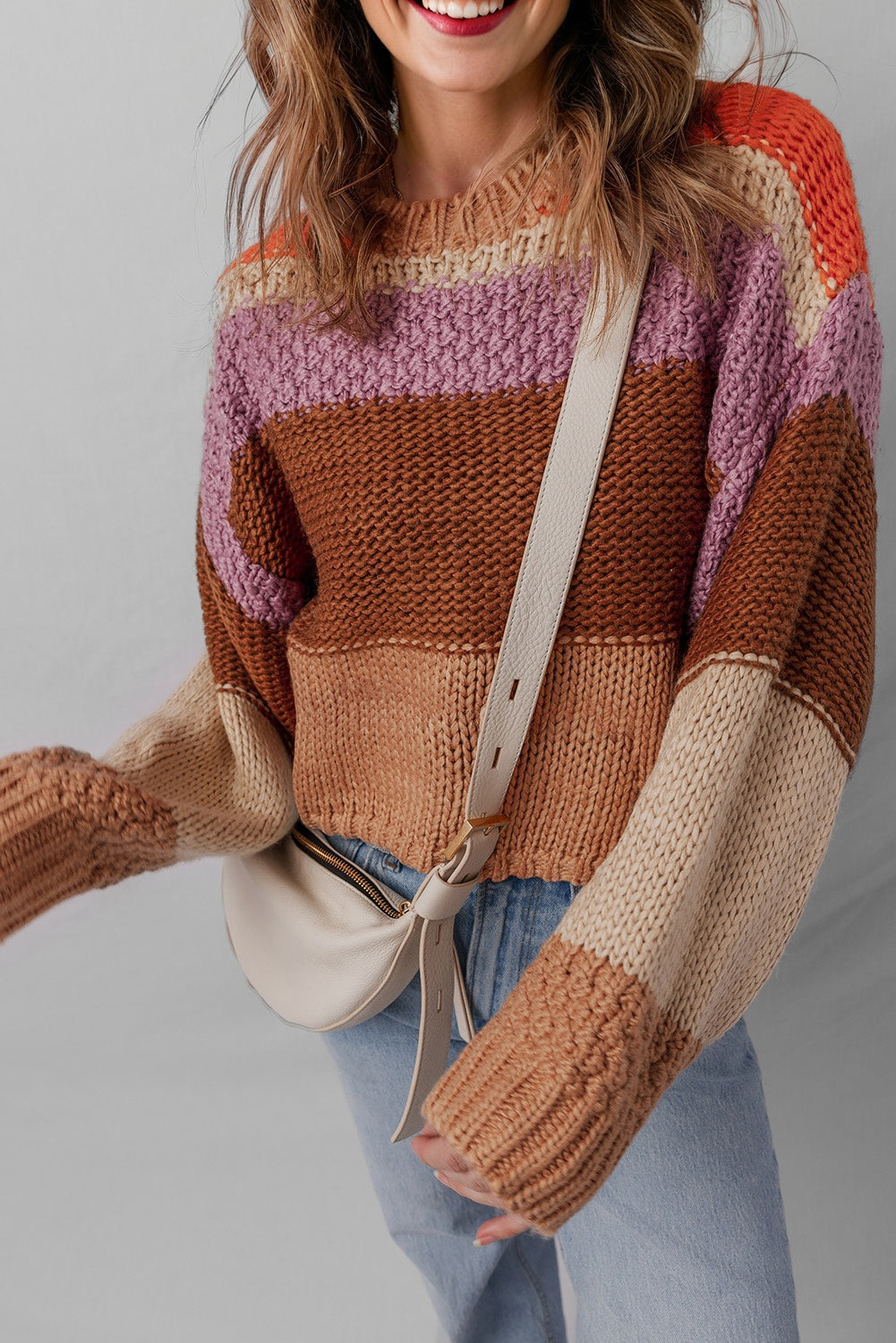 Cropped Colorblock Drop Shoulder Knitted Sweater