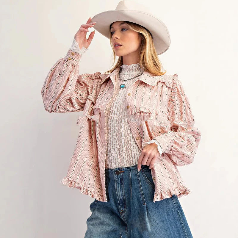 Women's Ruffled Long-sleeved Striped Shirt Jacket