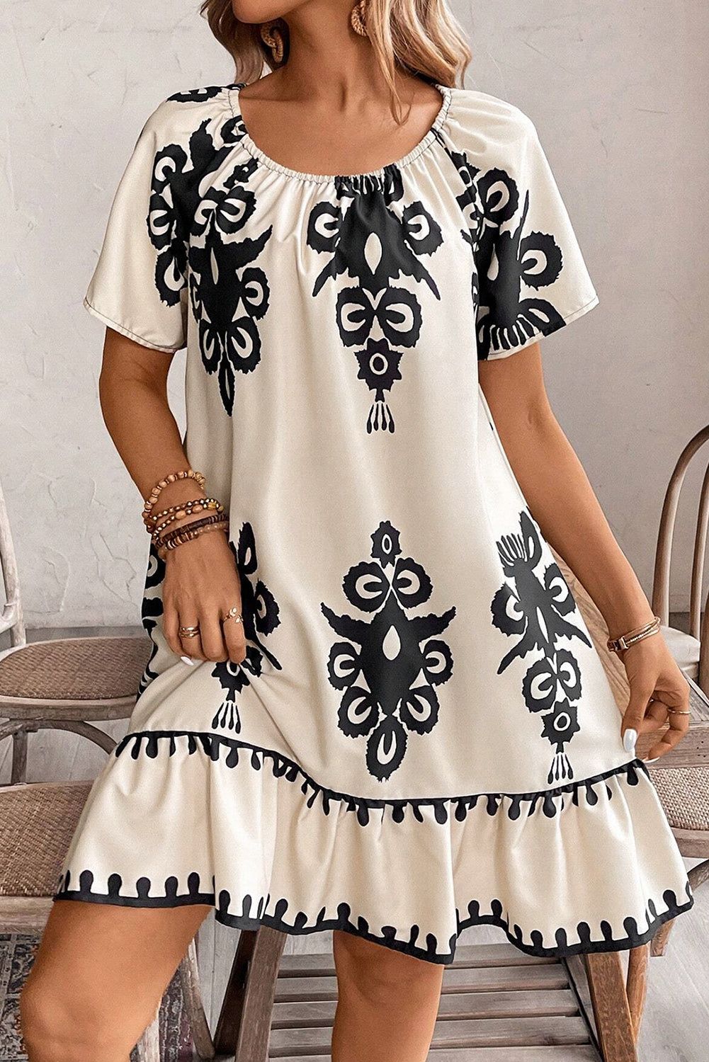 Western Print Ruffled Short Sleeve Loose Dress