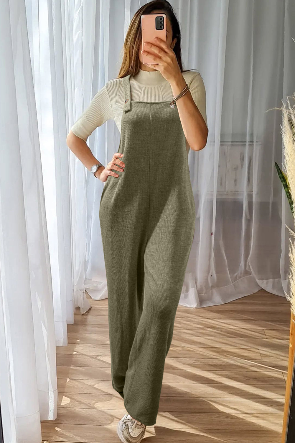 Solid Color Knit Loose Straight Leg Casual Overall Jumpsuit