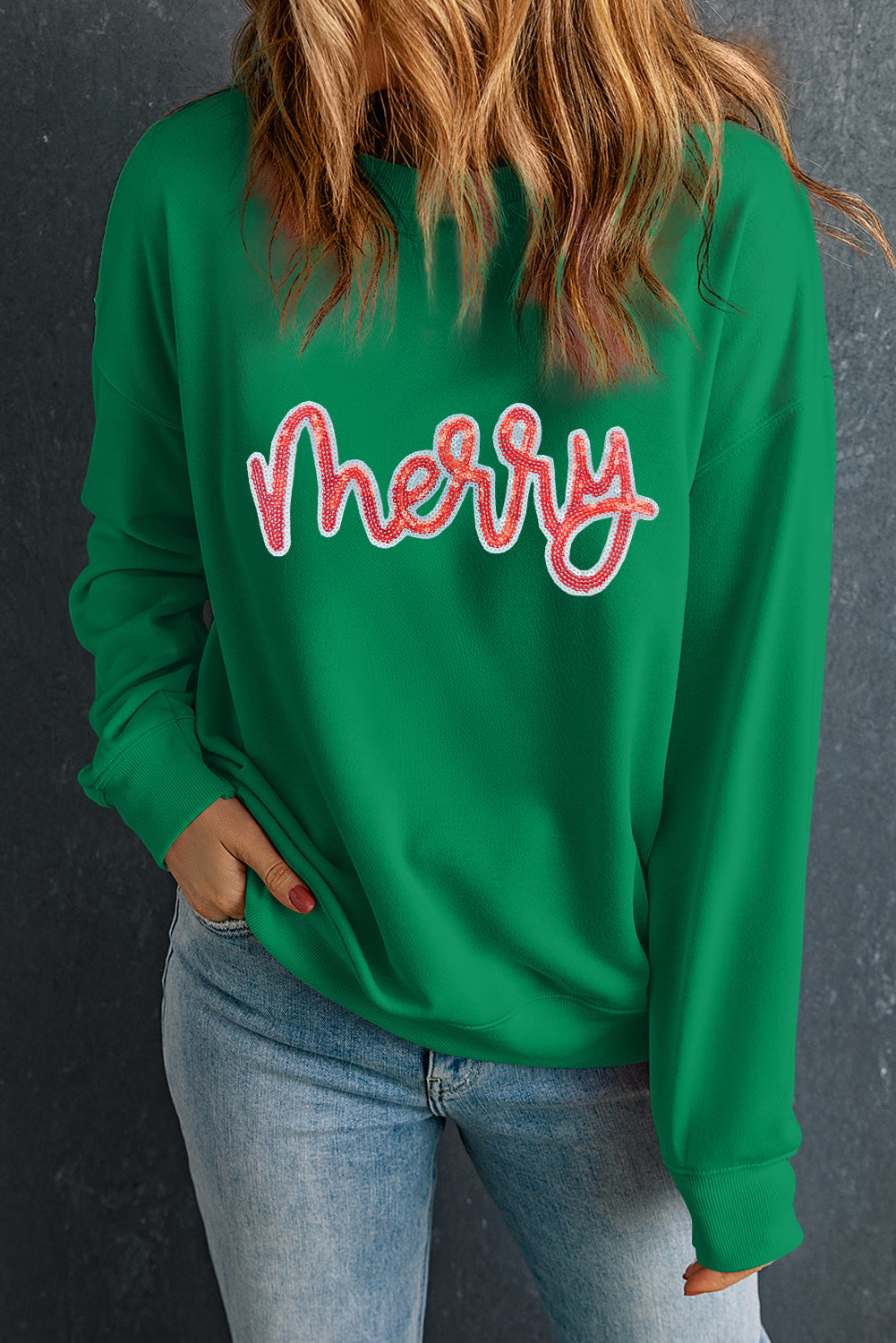 Merry Sequin Letter Patched Drop Shoulder Baggy Sweatshirt