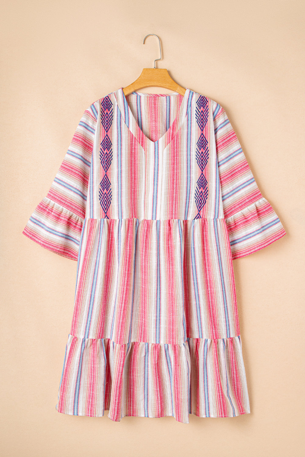 Plus Size Embroidered Detail Flared 3/4 Sleeve V Neck Dress