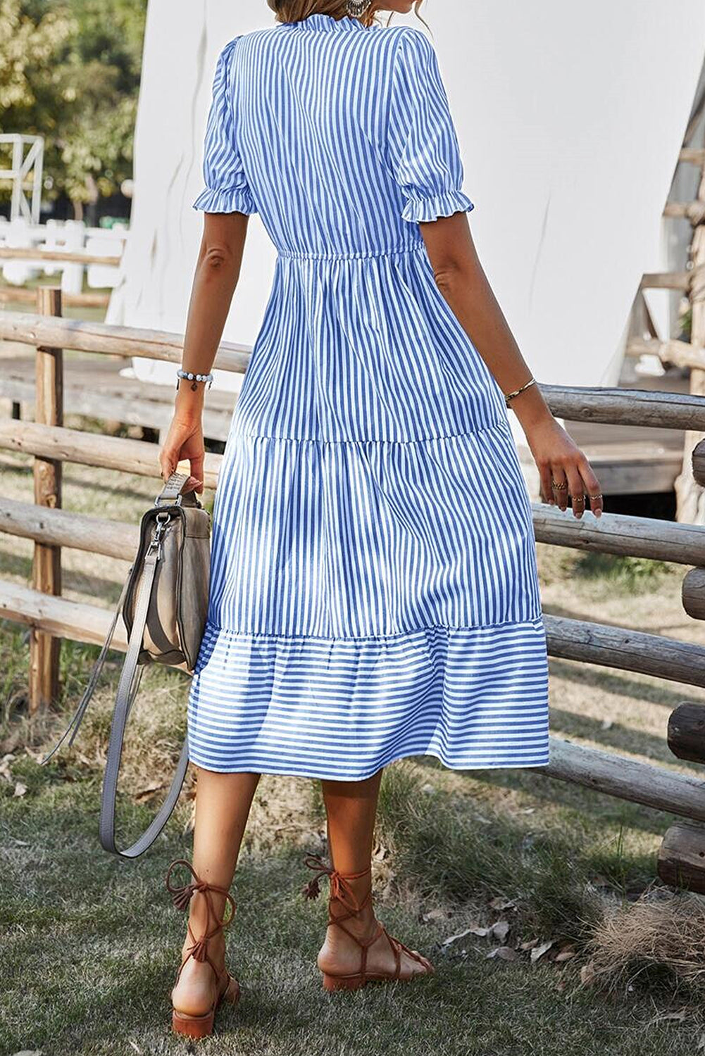 Button Tassel Tie Detail Frilled Short Sleeve Flared Midi Dress
