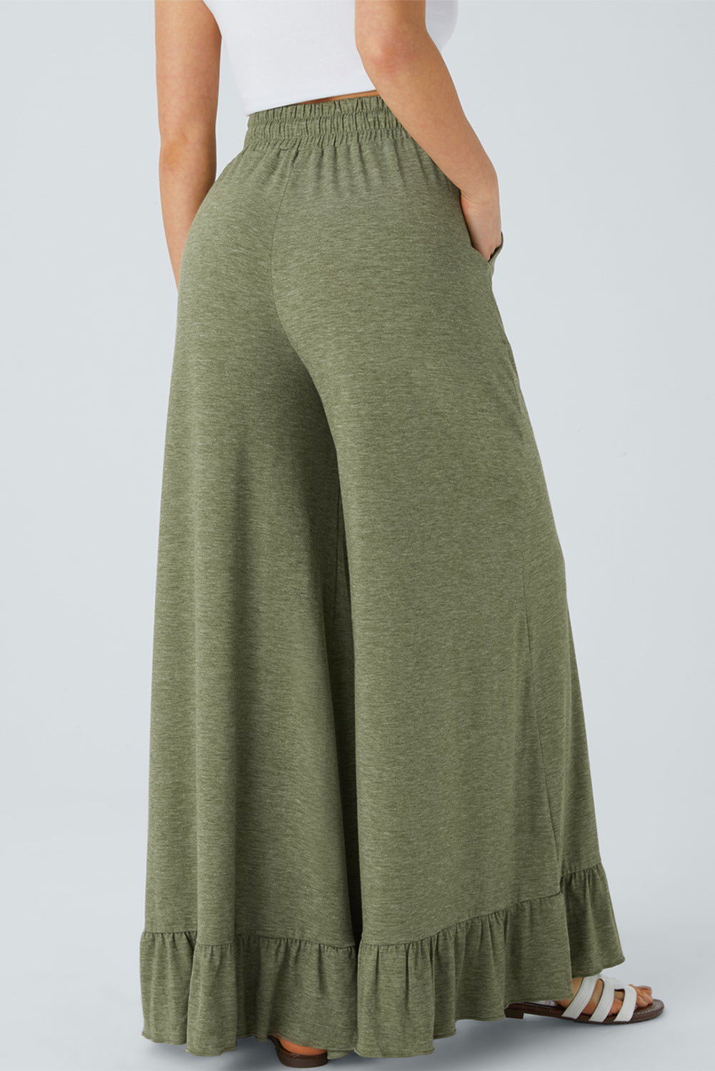 Ruffled Wide Leg Pull On High Waist Pants with Pockets
