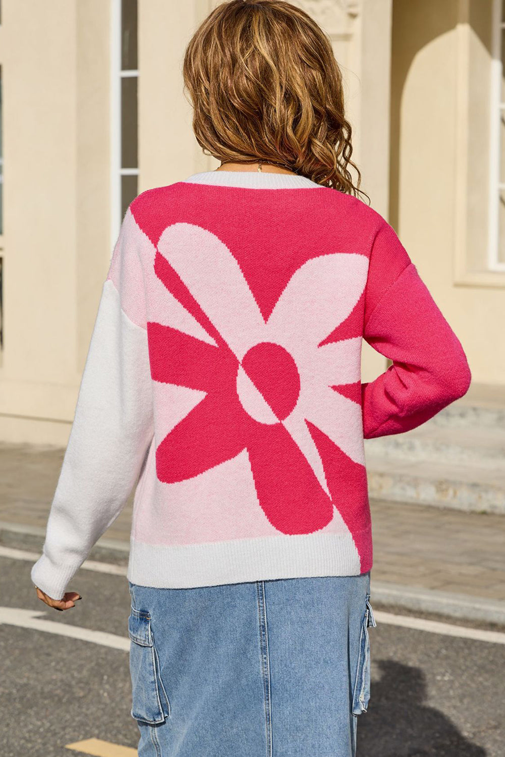 2-tone Contrast Flower Pattern Drop Shoulder Bulk Sweater