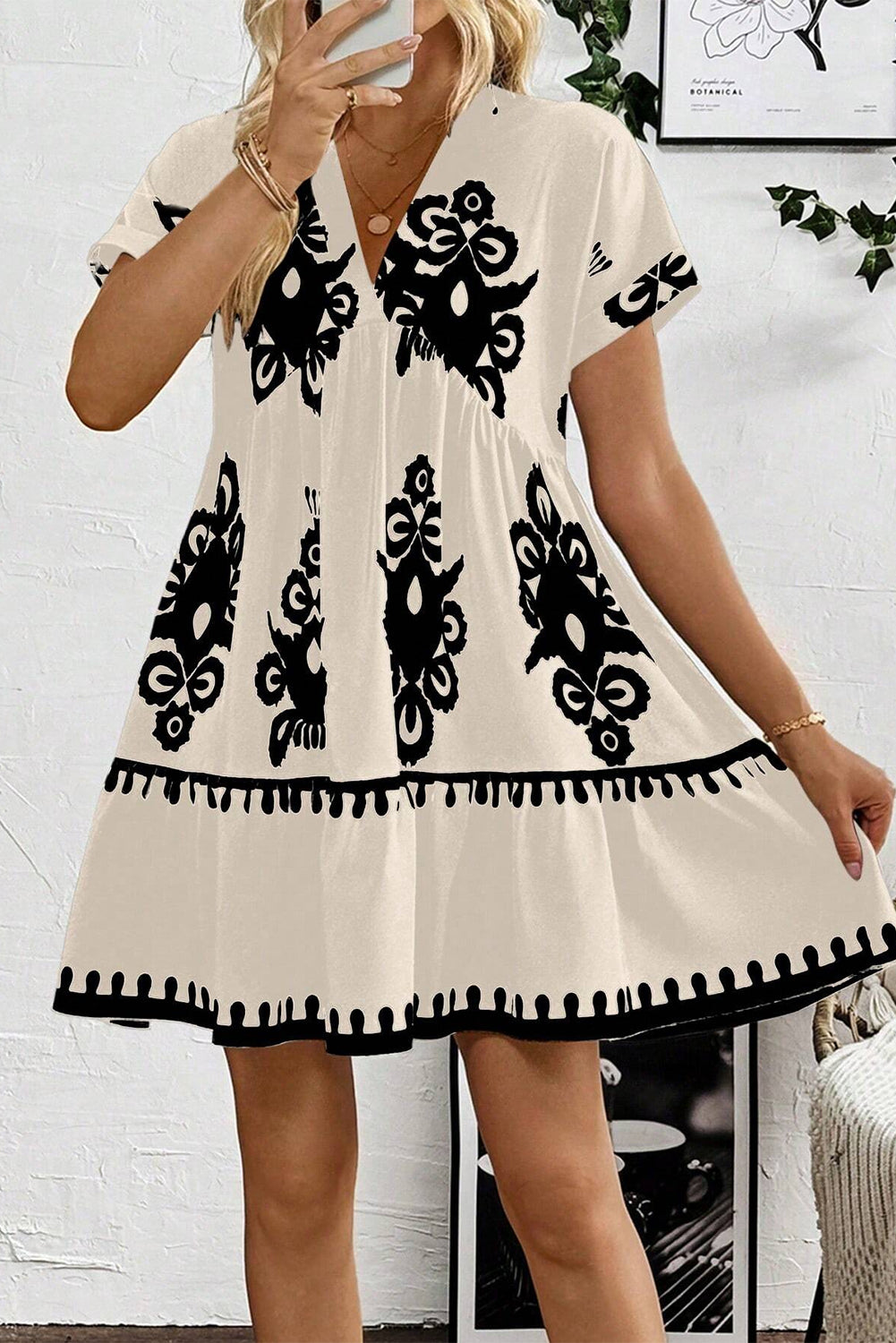 Vintage Print V Neck High Waist Short Sleeve Dress